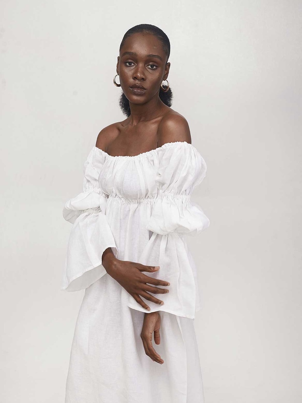 MÍE Phi Phi Dress NWT Sz XS/S Linen off shoulder White maxi Romantic Míe $300. E